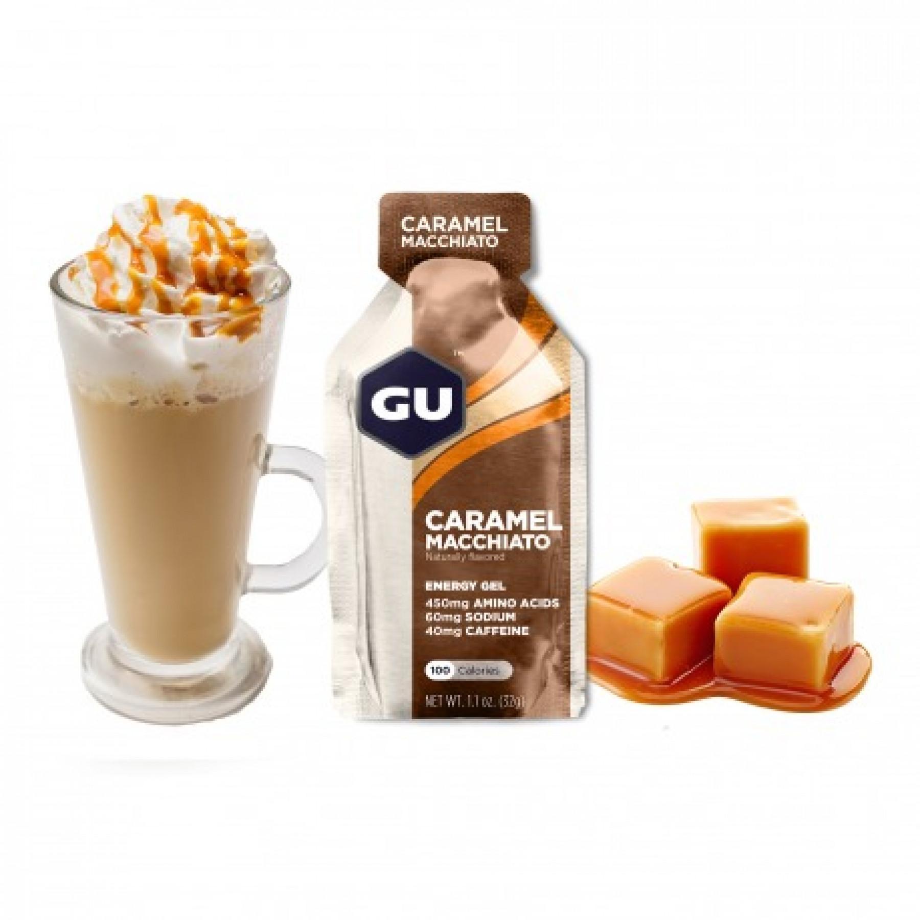 Förpackning med 24 geler Gu Energy caramel macchiato caféiné